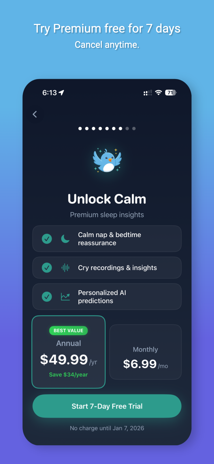 Pantalla de Nestling Pro con predicciones de siesta y análisis con IA