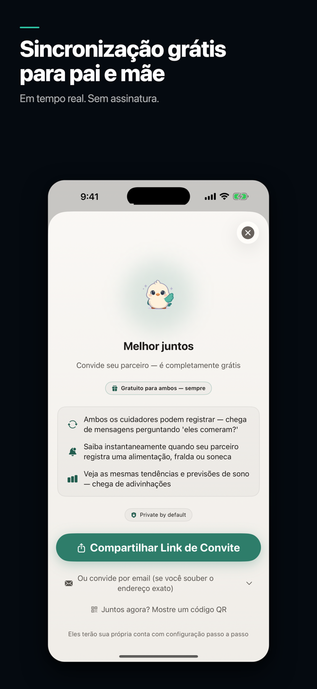 Material da App Store do Nestling em português sobre compartilhar os cuidados com outra pessoa