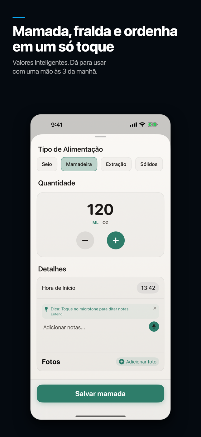 Material da App Store do Nestling em português sobre o registro dos cuidados do bebê